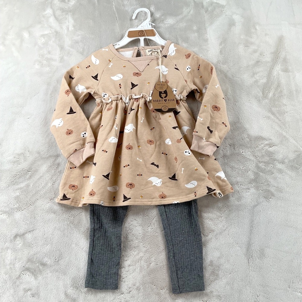Rabbit + Bear Organic Kids Halloween Dress and Leggings Set Tan Grey 3T NWT - Picture 1 of 8